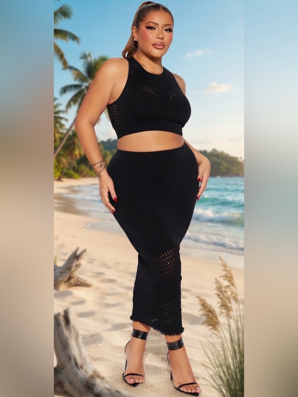 🆕 Fashion Nova - “Let’s Meet Later” Black Knit High-Waist Skirt & Crop Top Set